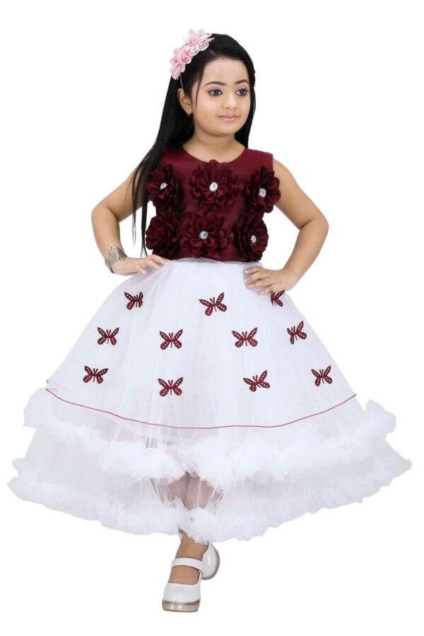 Girls Red and White Long Net Frock Butterfly Design