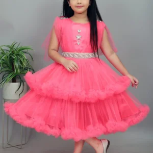 Girls Net Frock - Light Red Party Wear Dress