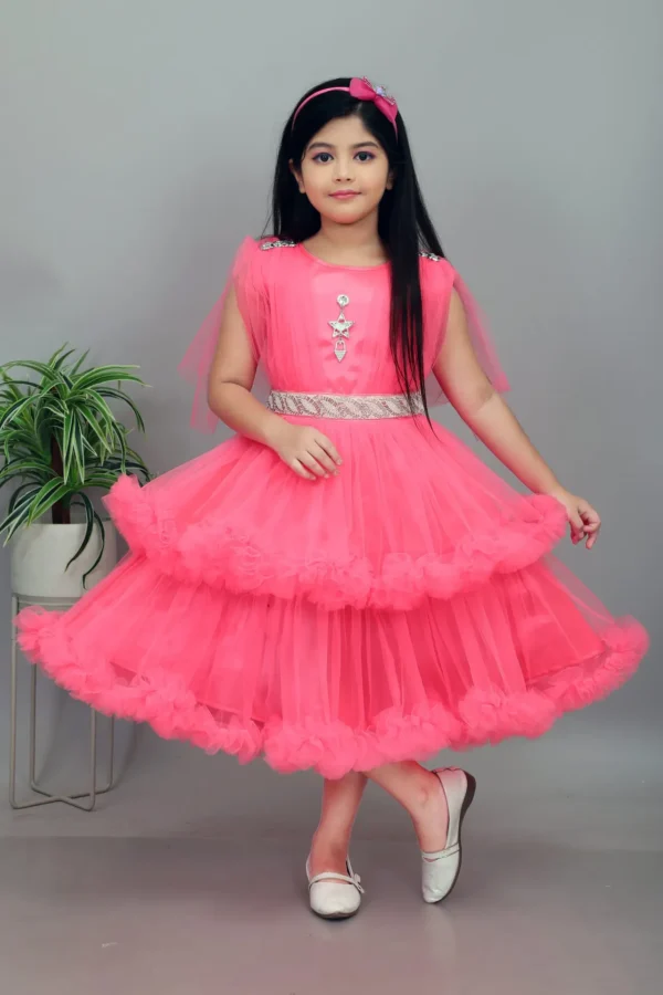 Girls Net Frock - Light Red Party Wear Dress