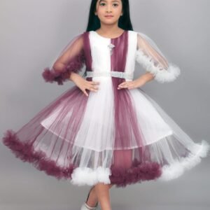 Girls Maroon and White Stylish Net Gown Frock