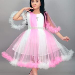 Girls Pink and White Stylish Net Gown Frock