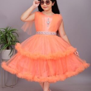 Girls Net Frock - Peach Party Wear Dress