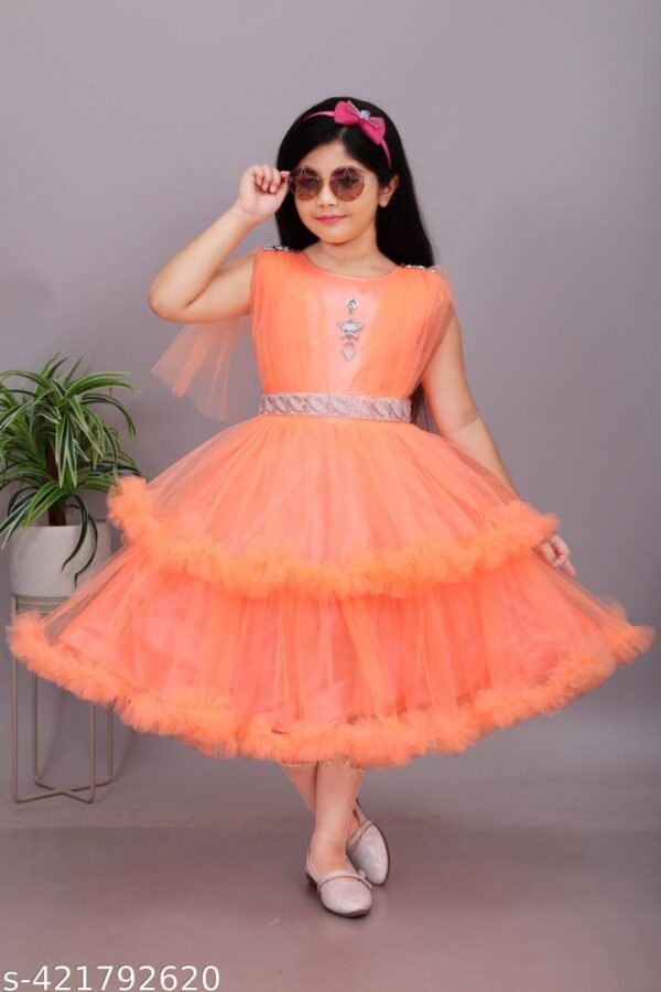 Girls Net Frock - Peach Party Wear Dress