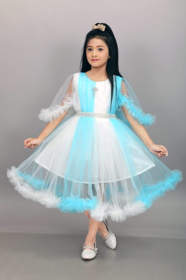 Girls Aqua Blue and White Stylish Net Gown Frock