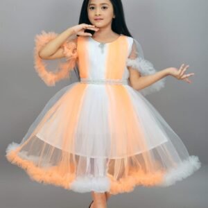 Girls Peach and White Stylish Net Gown Frock