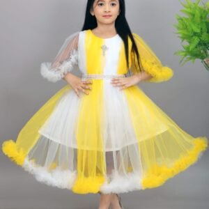 Girls Yellow and White Stylish Net Gown Frock