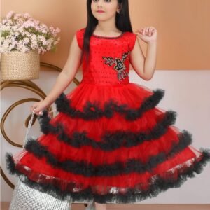 Girls Red Net Frock Gown Sleeveless Long Dress