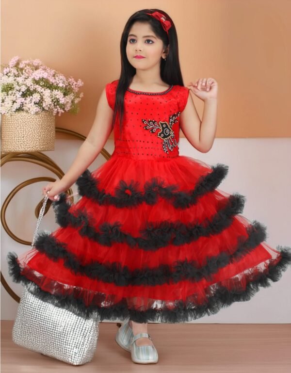 Girls Red Net Frock Gown Sleeveless Long Dress