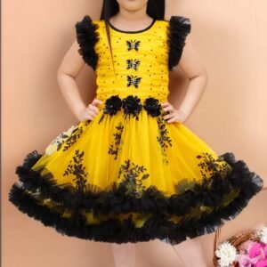 Girls Yellow and Black Embellished Net Party Wear Frock