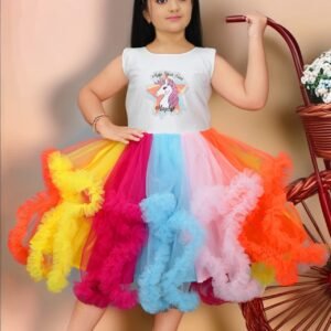 Girls' Long Multicolor Net Frock - Unicorn Print