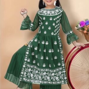 Girls Green Nayra Suit with Embroidery and Stone Handwork