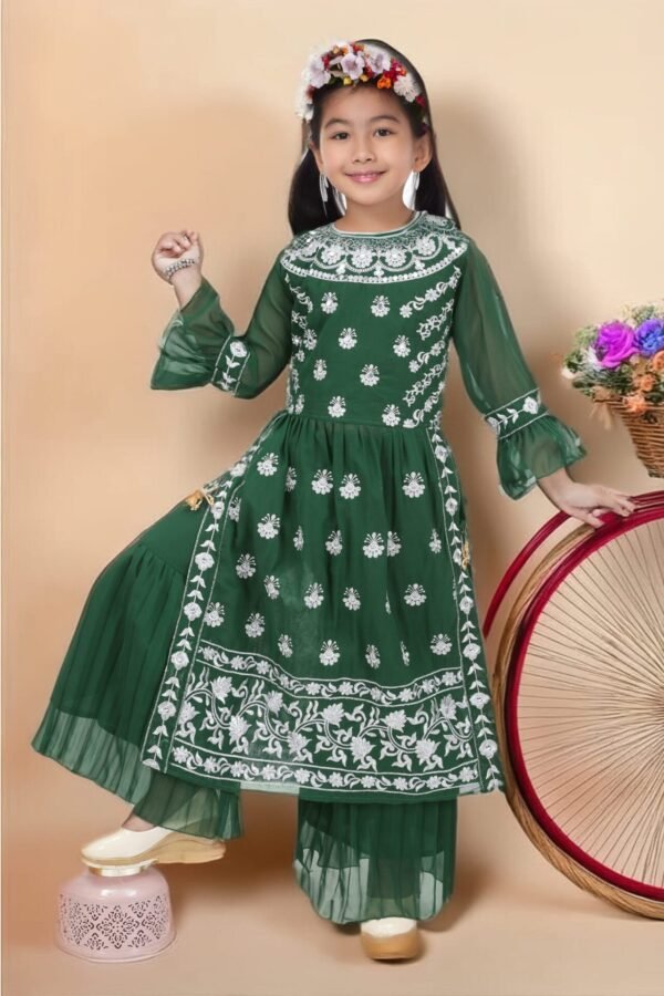 Girls Green Nayra Suit with Embroidery and Stone Handwork