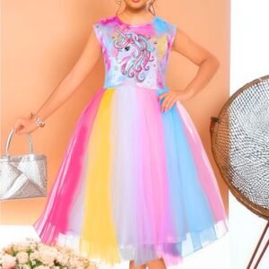 Girls Multicolor Net Frock Unicorn Print