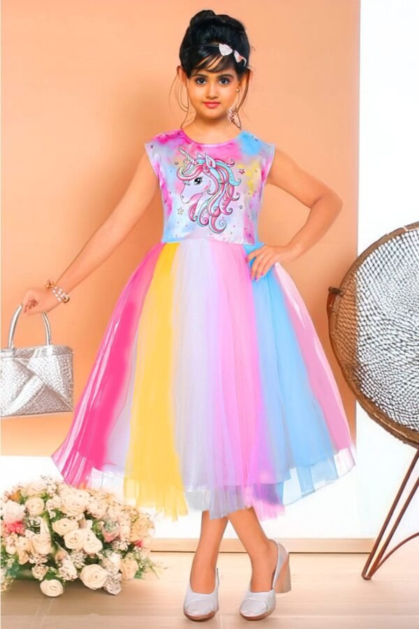 Girls Multicolor Net Frock Unicorn Print